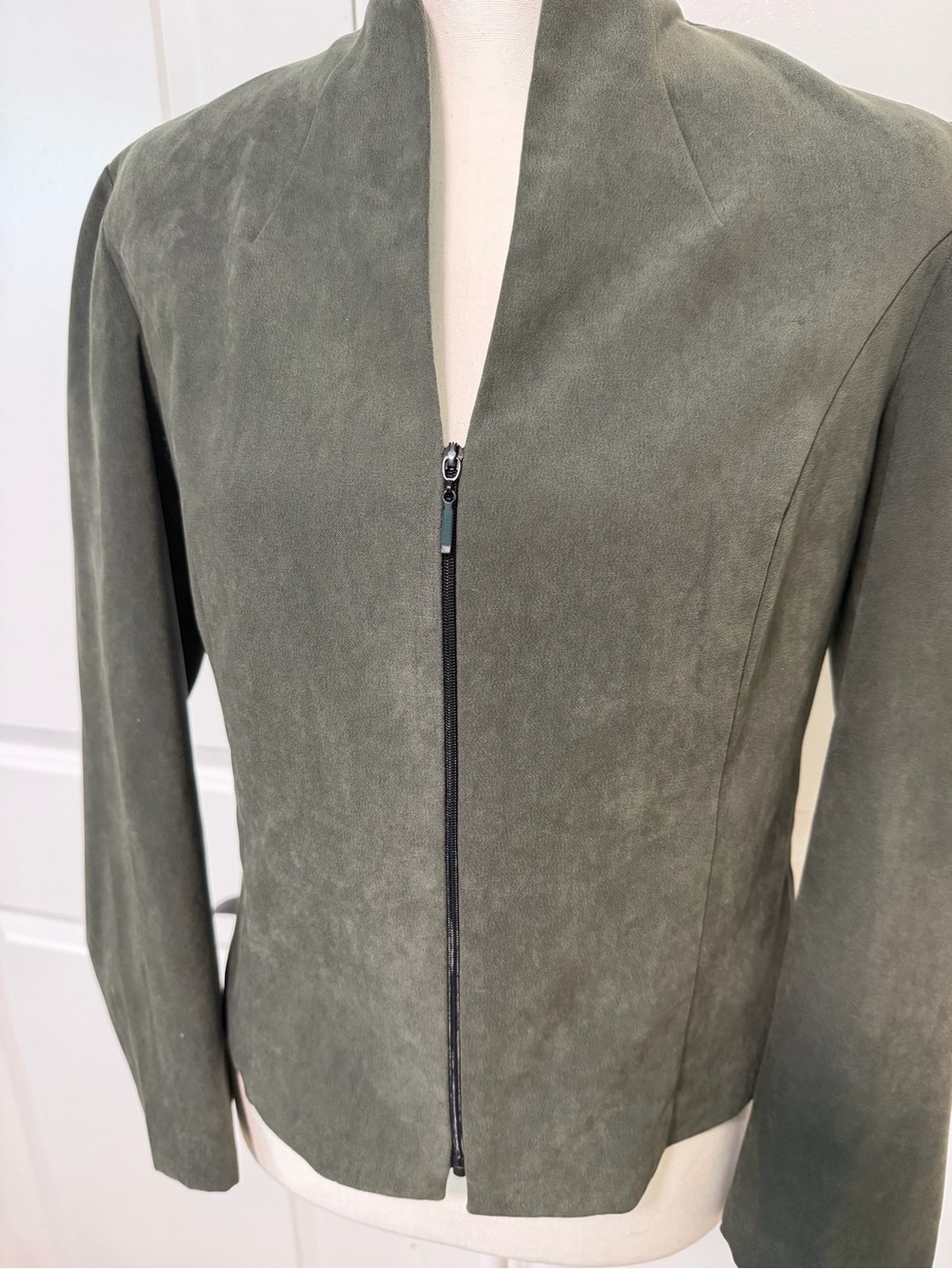 R&K Olive Suede Zip-Front Jacket Blazer Sleek Professional Career